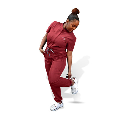 Burgundy scrubs romper for women – medical one-piece uniform