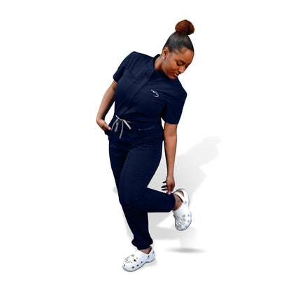 Healthcare scrub romper in navy.