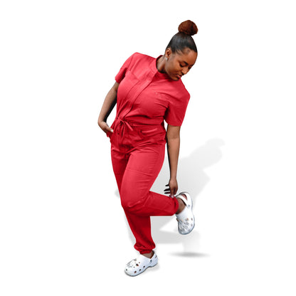 Candy red scrubs romper for women with ribbed bottom